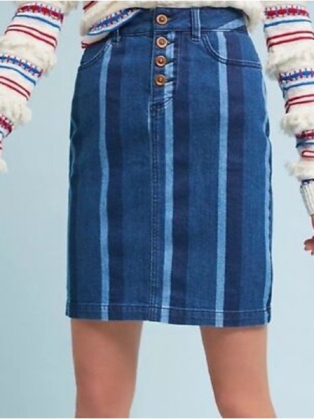 Maeve by Anthropologie Women's Denim Pencil Skirt Size 6 Blue Striped Button Fly